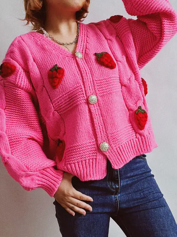 Single-Breasted Relaxed Knit Embroidered Cardigan