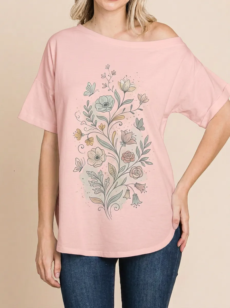 Women's Botanical Butterfly Floral Printed T-shirt