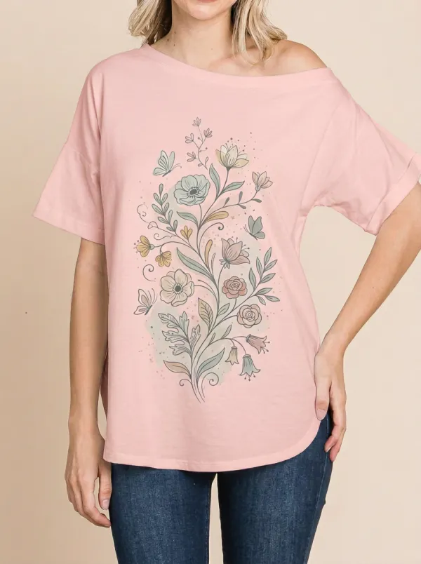 Women's Botanical Butterfly Floral Printed T-shirt