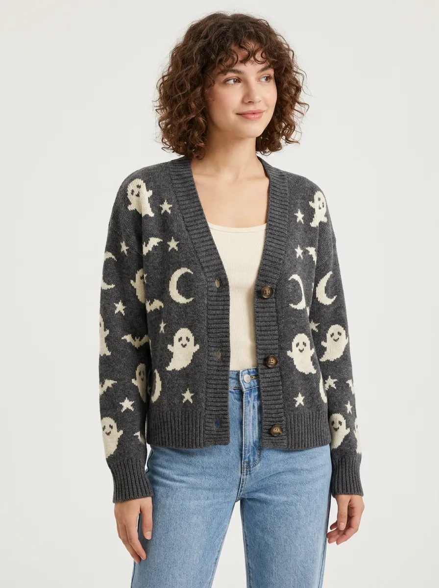 Women's Ghost Moon Star Halloween Knit Cardigan