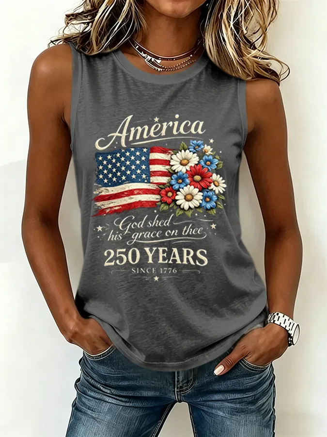 Women's America 250 Years Flag Floral  Printed Tank Top