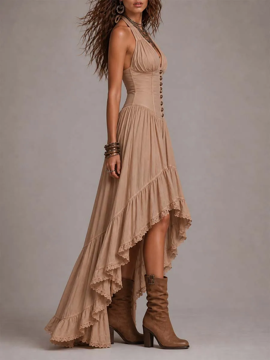Bohemian Cotton Halter Corset Tiered Maxi Dress