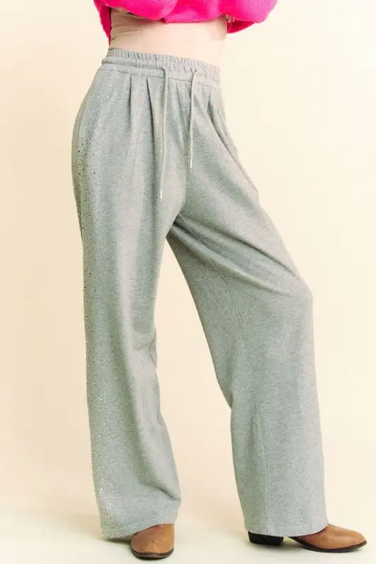 Rhinestone Elastic Waist Wide Leg Pants