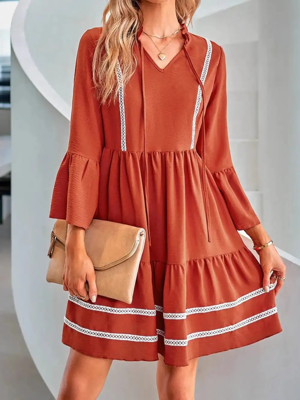 Textured Detail Long Sleeve Mini Dress