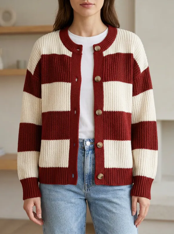 Layered Rugby Striped Button Front Knit Cardigan
