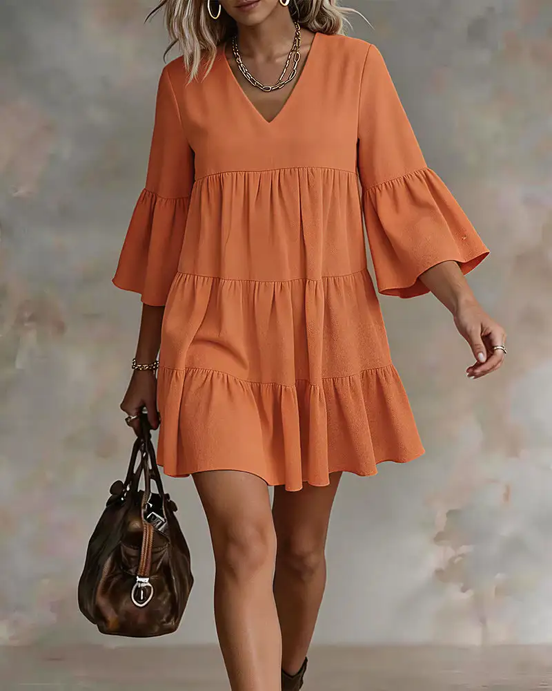 V-Neck Bell Sleeve Ruffle Tiered Mini Dress