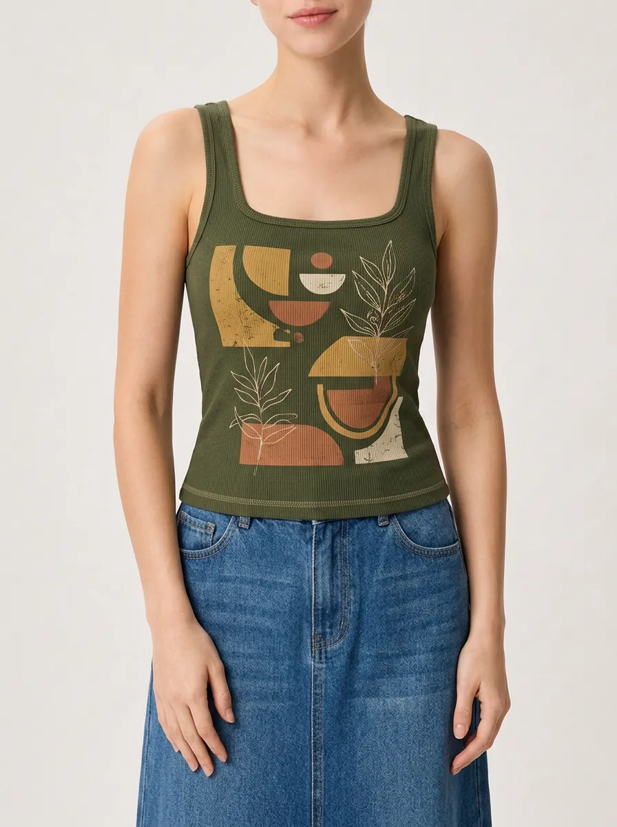 Women's Boho Art Lover Abstract Botanical Printed Ribbed Tank Top