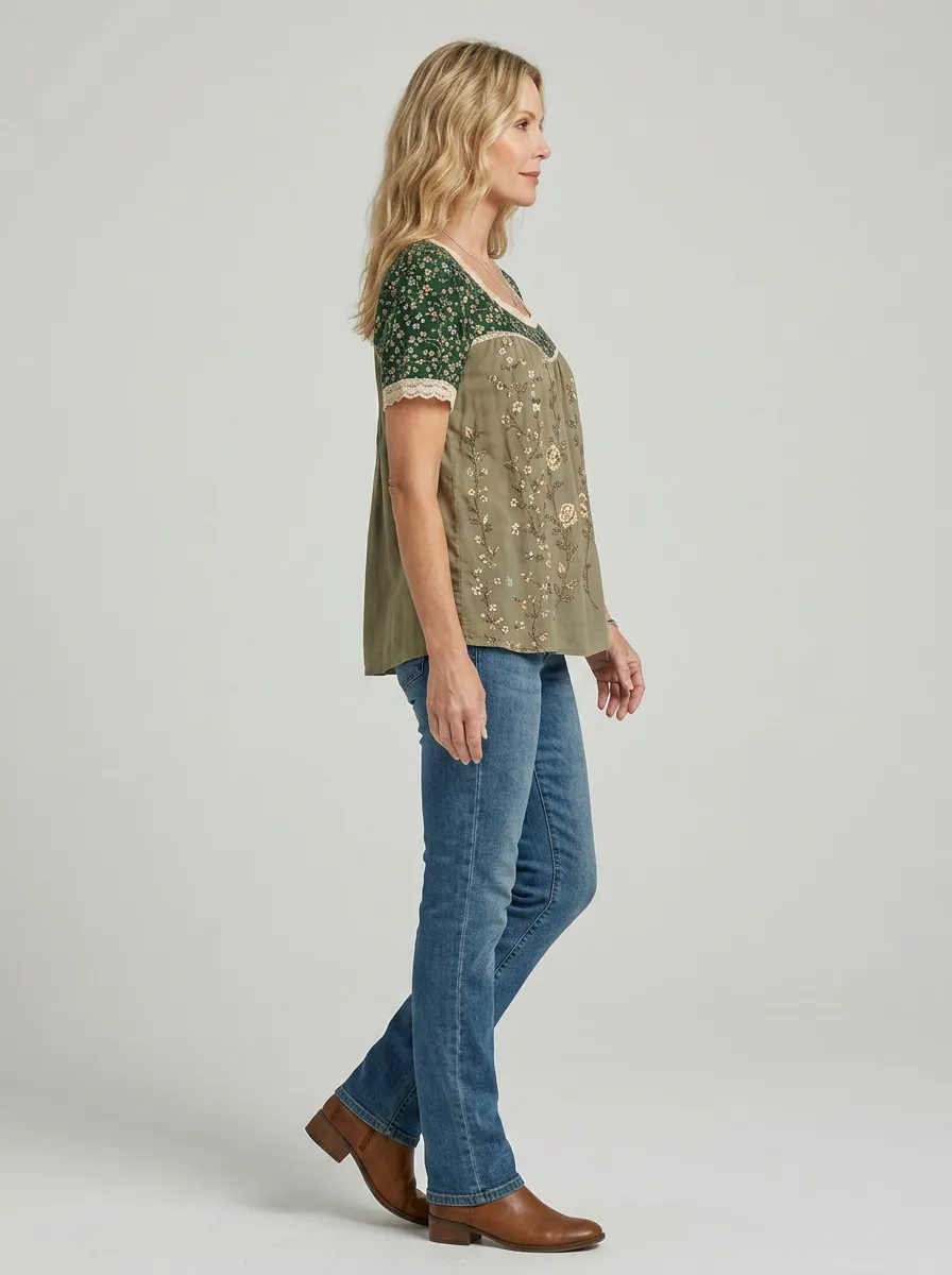Women's Boho Floral Vintage Rose Embroidered Printed Short Sleeve T-Shirt