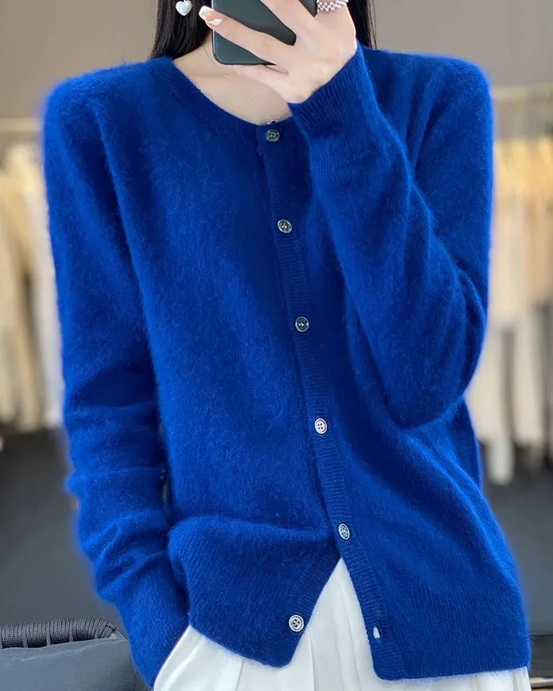 Classic Mink-Cashmere Cashmere Button-Front Crew-Neck Cardigan
