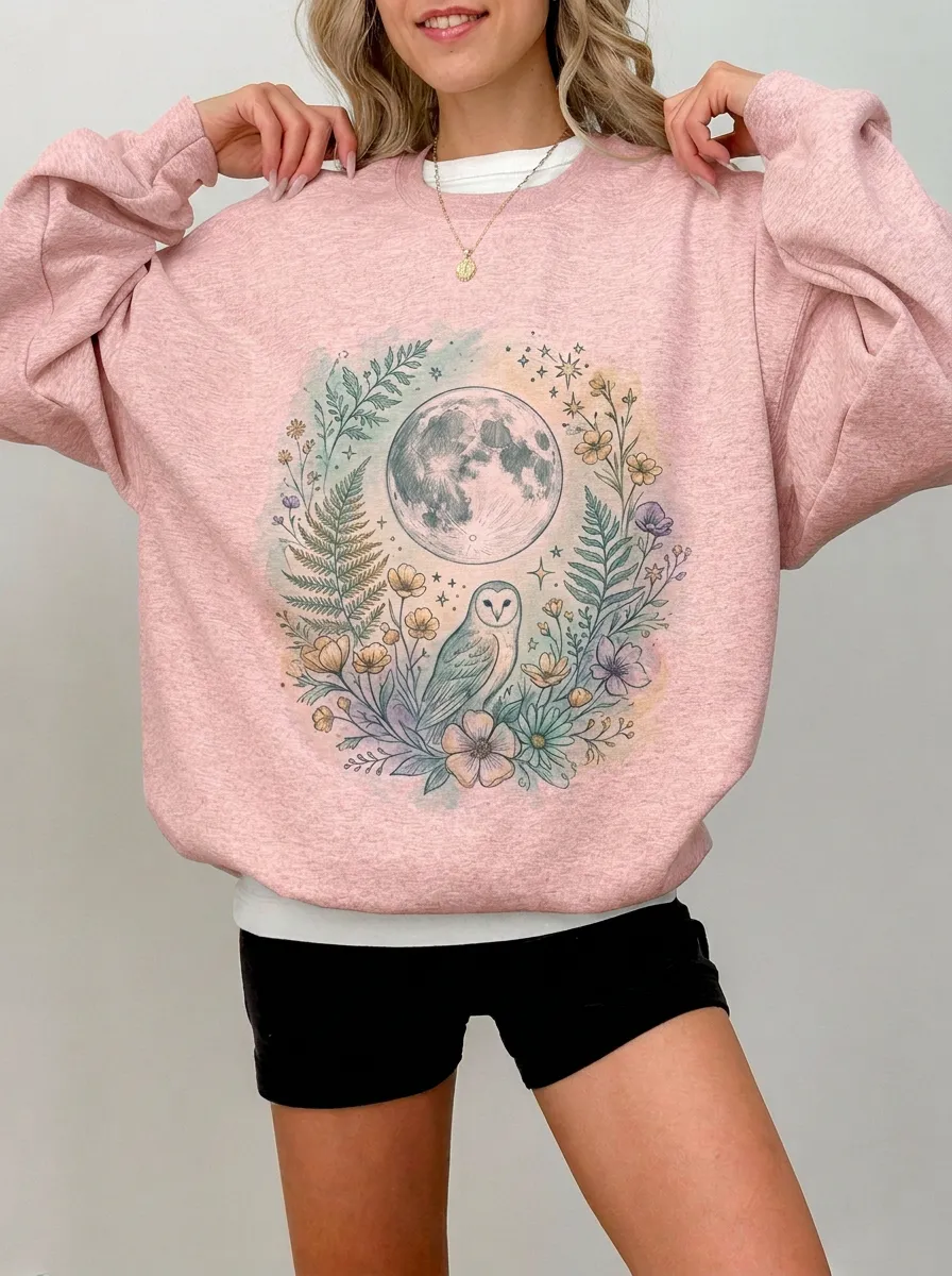 Women's Celestial Nature Lover Moon Owl Floral Printed Sweatshirt