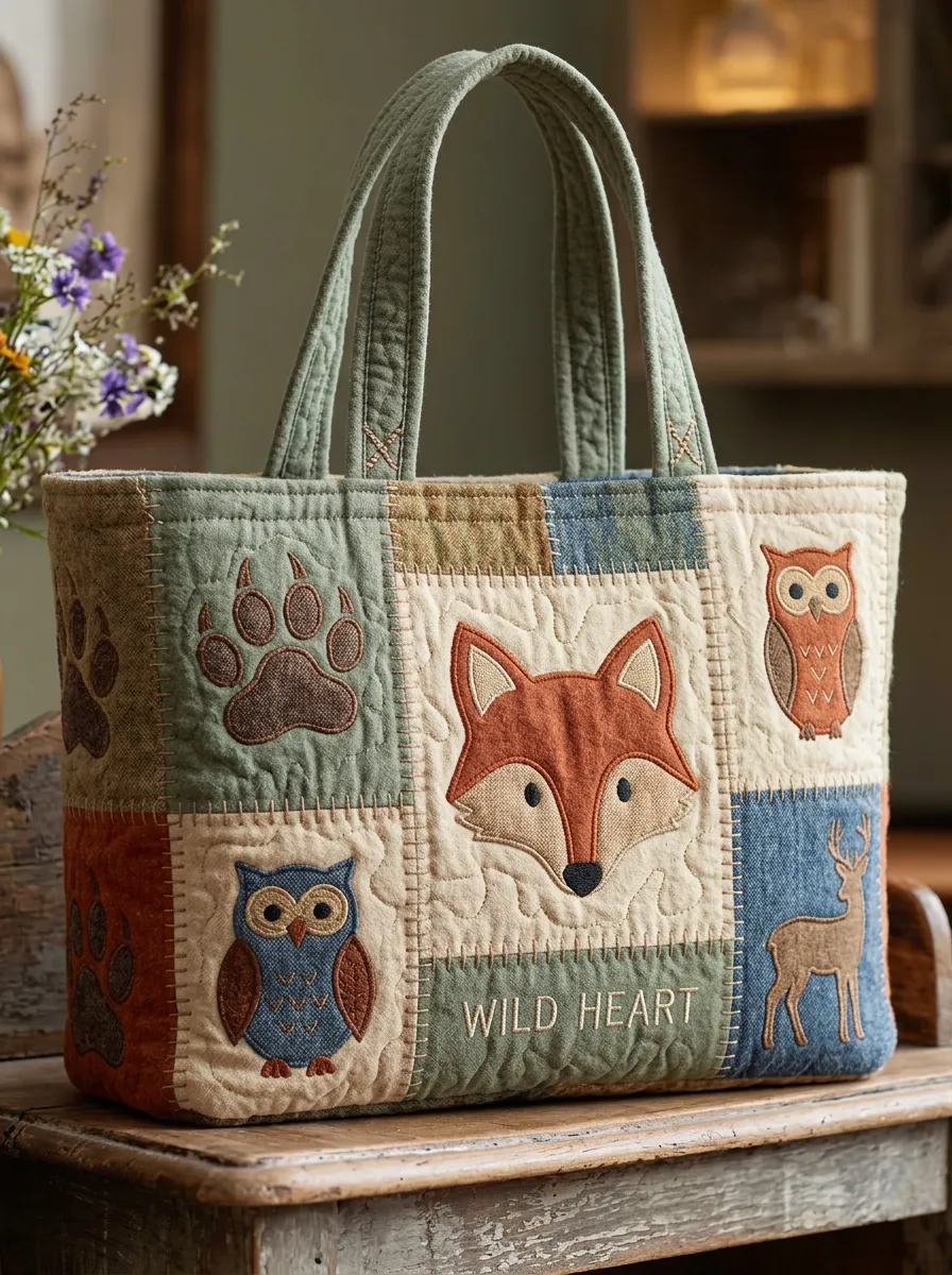 Wild Heart Forest Animal Patchwork Printed Tote Bag