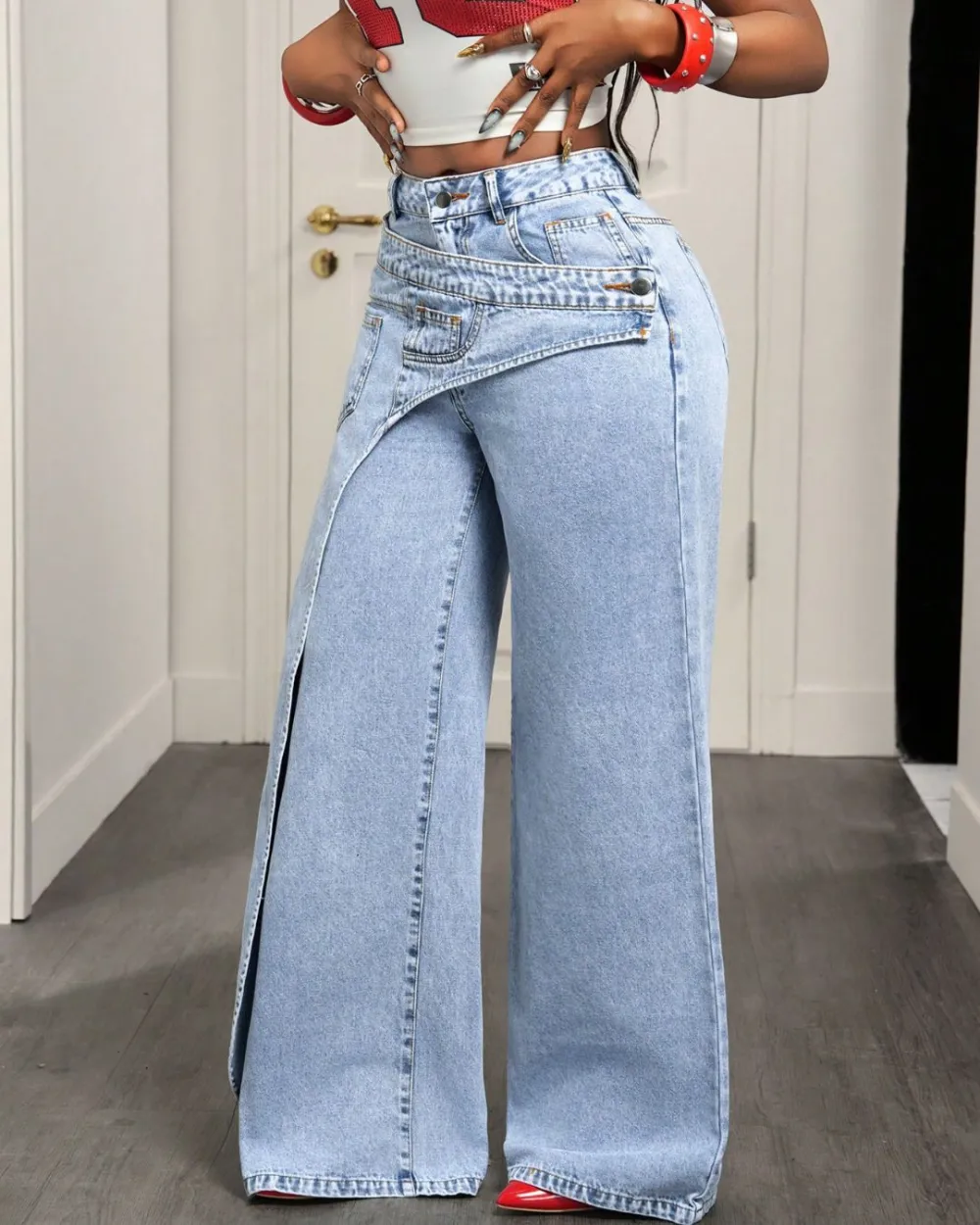 Asymmetric-Pocket Wide-Leg Jeans