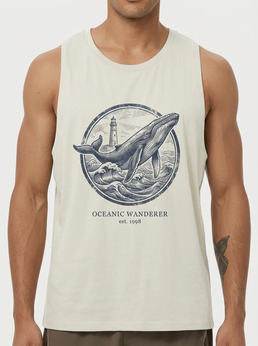 Men's Nautical Ocean Whale Lighthouse Printed Tank Top