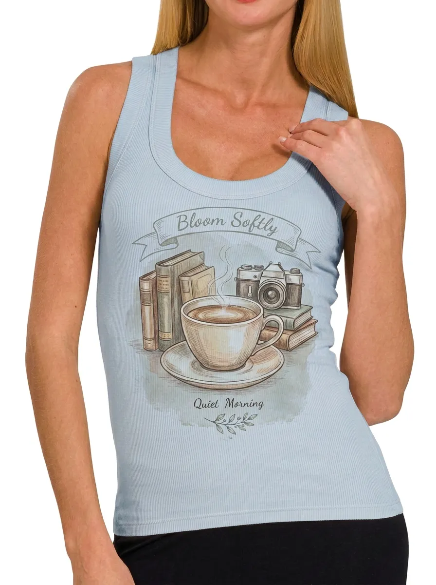 Women's Book Coffee Camera Lover Bloom Softly Printed Tank Top
