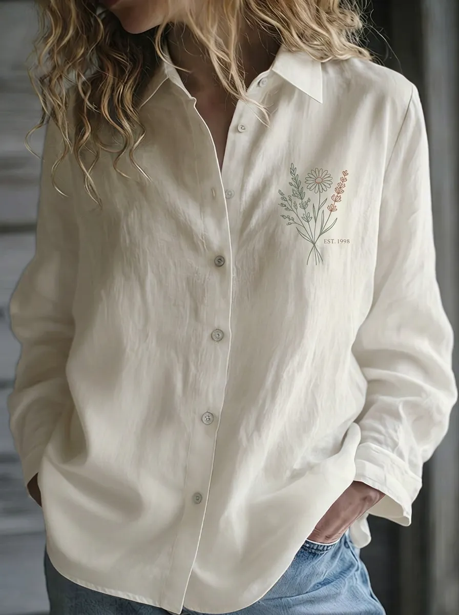 Women's Minimalist Floral Bouquet Printed Button-Down Shirt