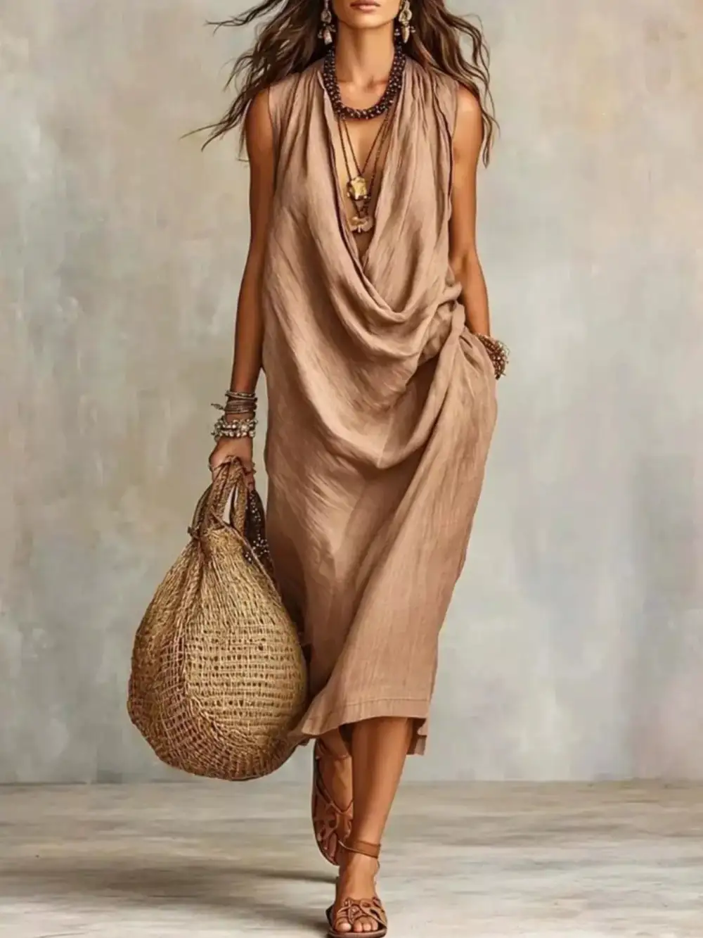 Cowl Neck Sleeveless Midi Dress