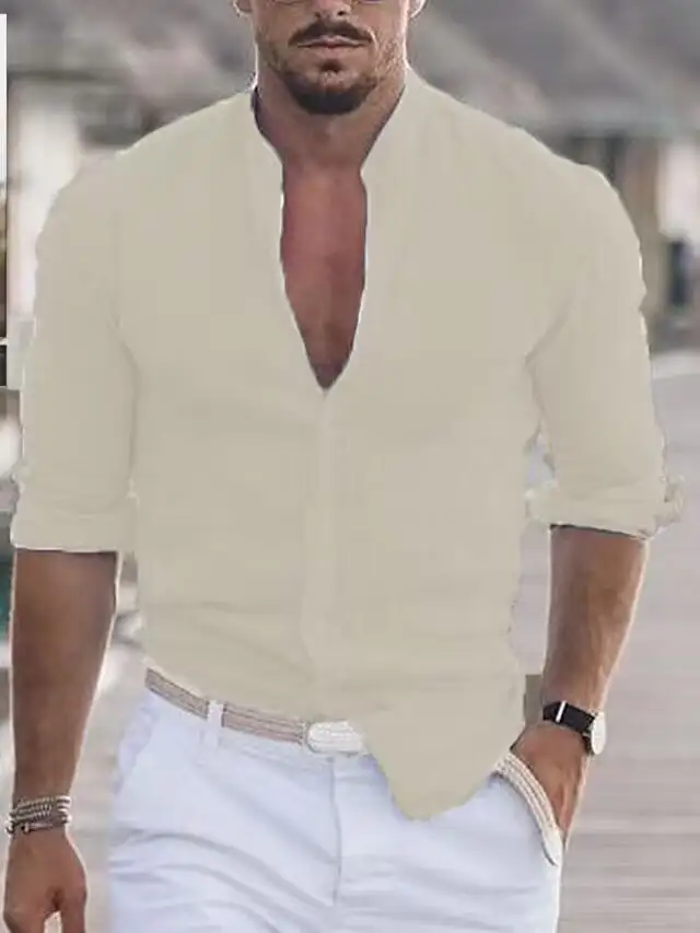 Men's Casual Linen Shirt With Modern Stand-up Collar And Roll-up Sleeves