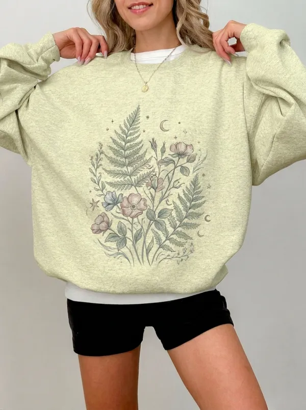 Women's Botanical Nature Lover Fern Flower Moon Printed Sweatshirt