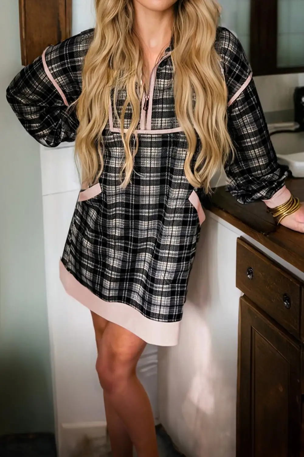 Lightweight Feel Plaid Zip Front Long Sleeve Mini Dress