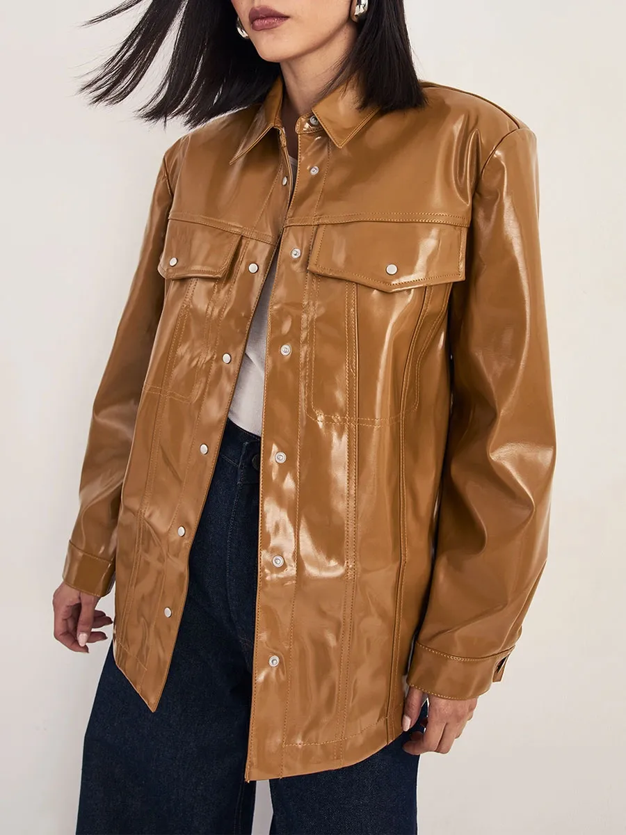 Women's Oversized Shiny Leather Collared Jacket
