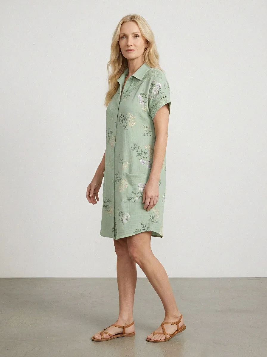Women's Summer Vacation Floral Embroidered Printed Shirt Dress