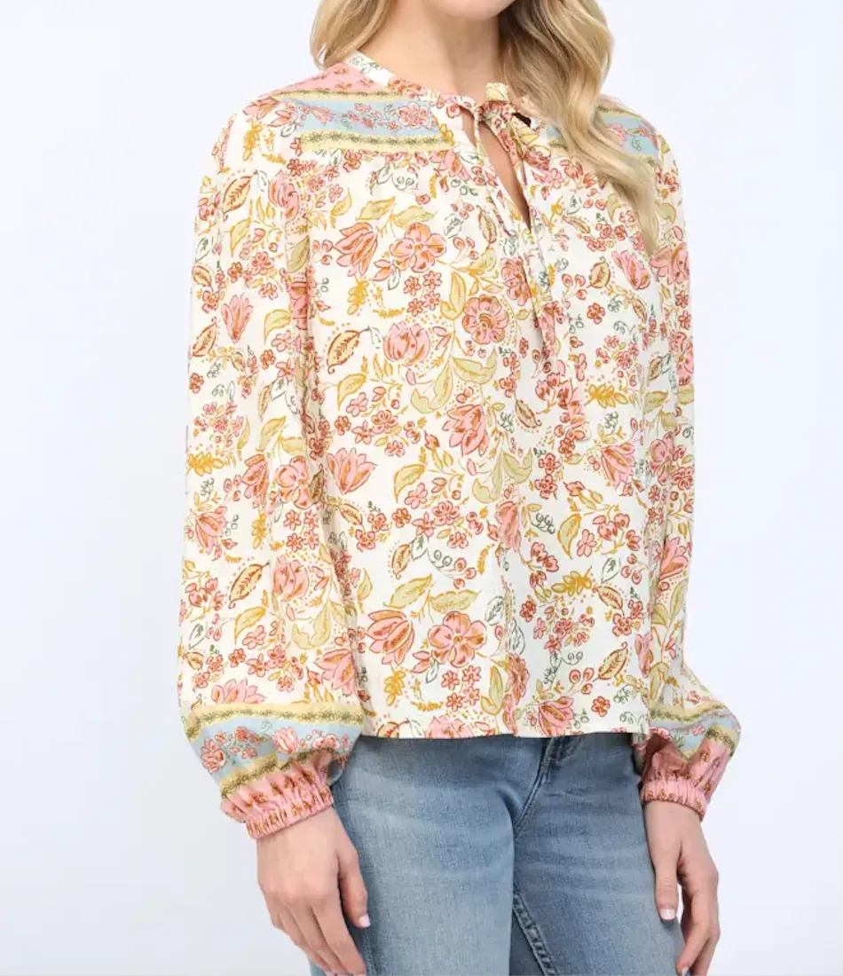 Border Print Peasant Blouse