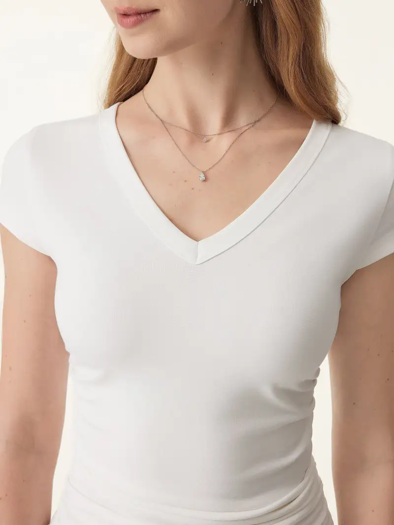 V-Neck Side Ruched Cap Sleeve Bra Tee