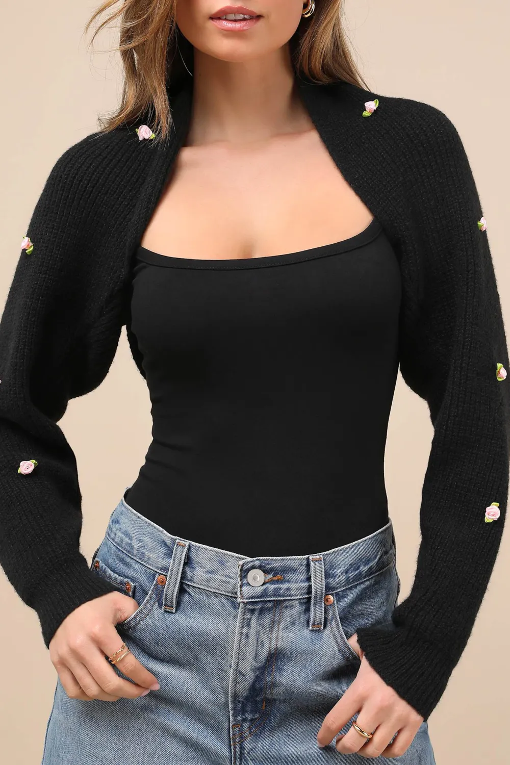 Daily Black Rosette Knit Shrug Cardigan