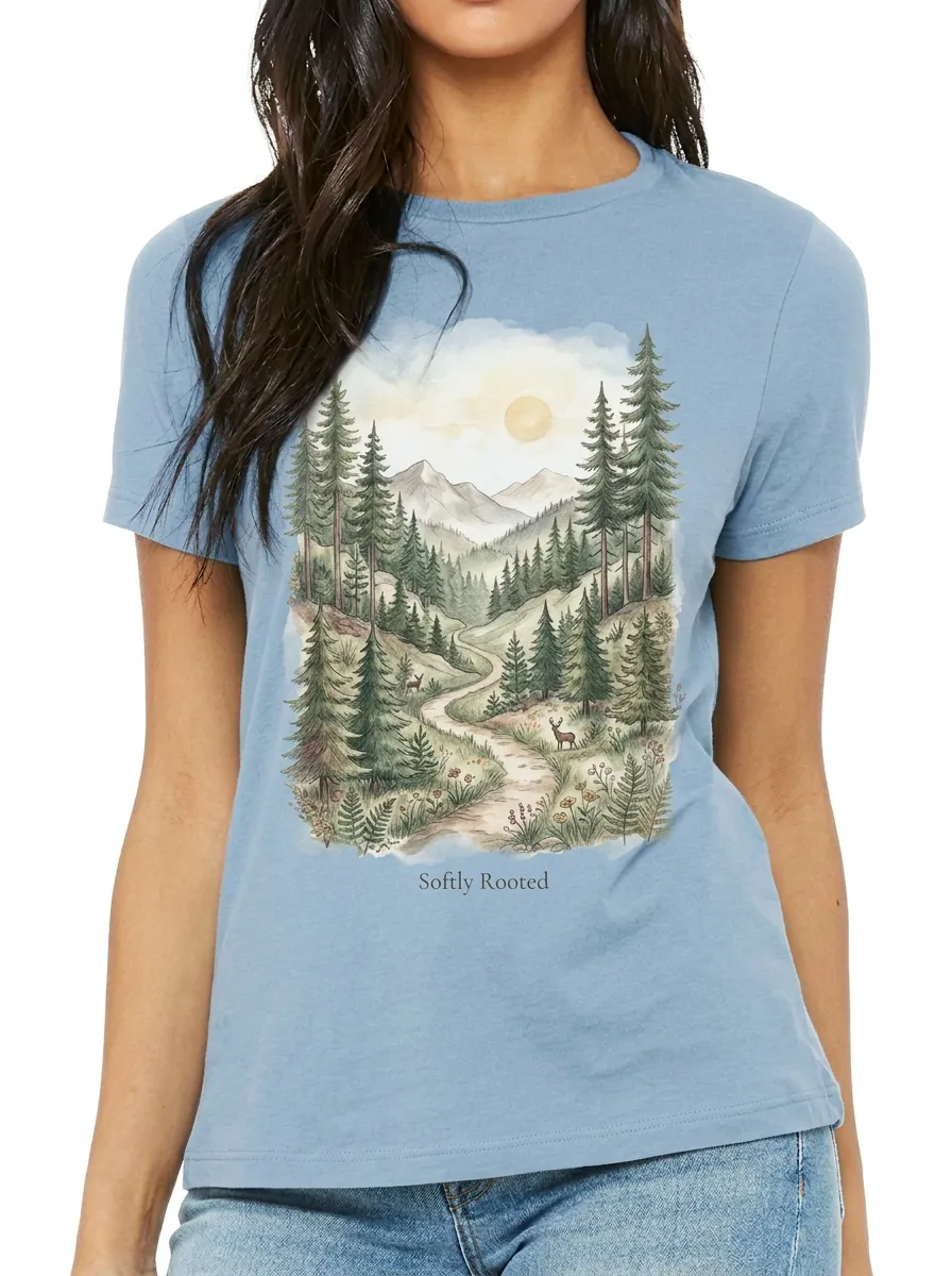 Women's Nature Lover Forest Mountain Deer Printed T-shirt