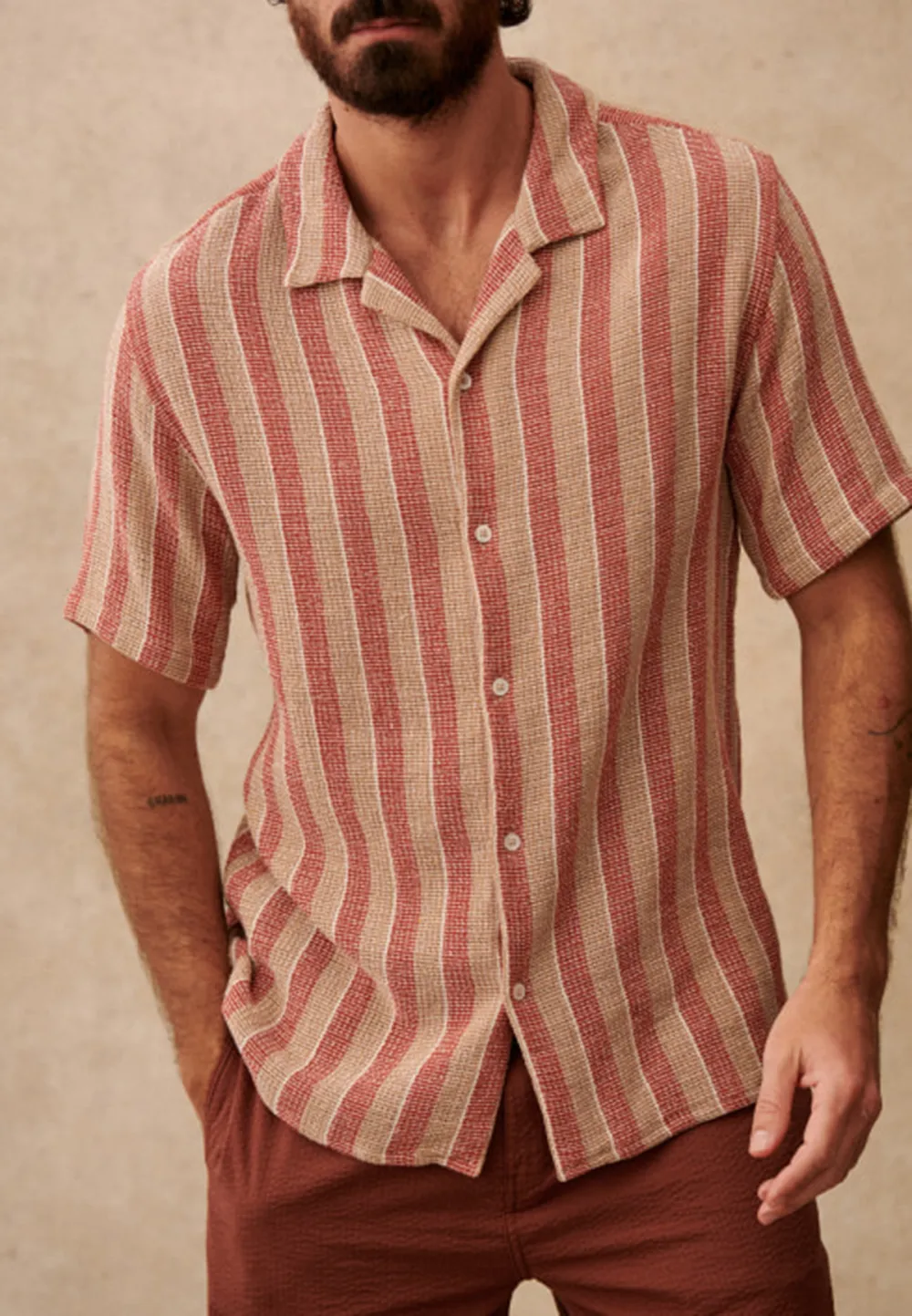 Rust Beige Stripe Textured Short Sleeve Camp Shirt