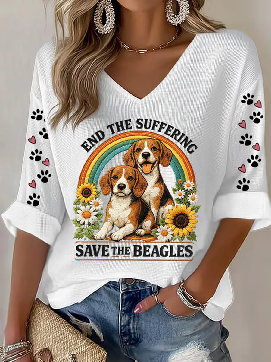 Women's End The Suffering Save The Beagles Print V Neck Top