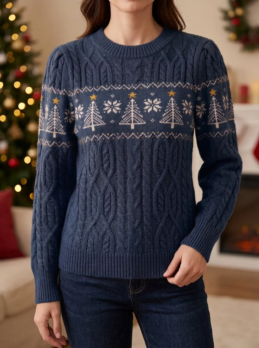 Christmas Holiday Tree Snowflake Pattern Print Cable Knit Sweater
