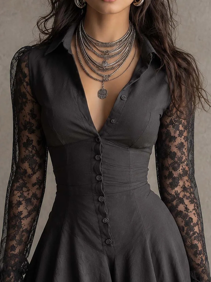 Gothic Boho Collared V Neck Button Down Floral Lace Sleeve Mini Dress