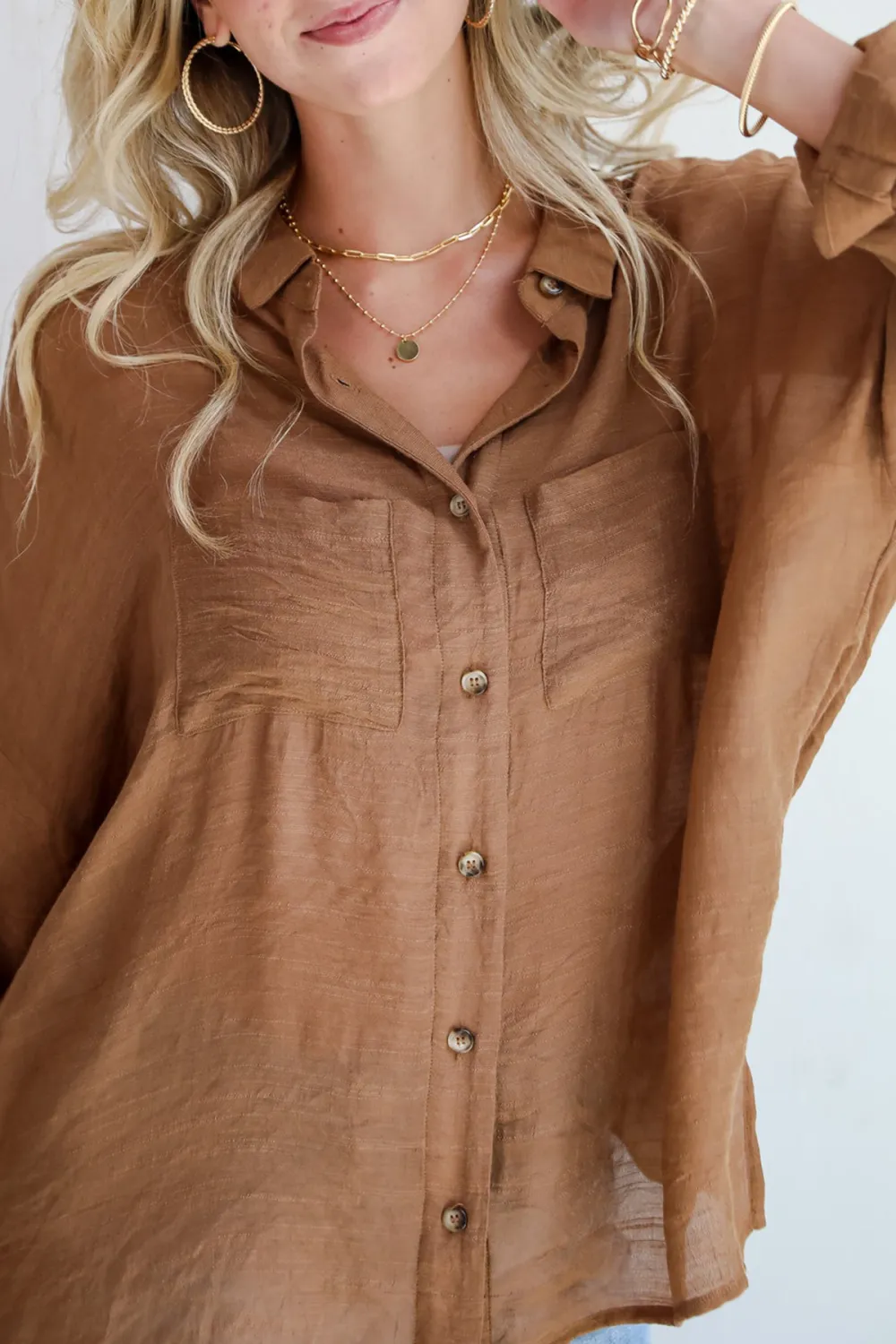 Slight Stretch Button-Up Blouse