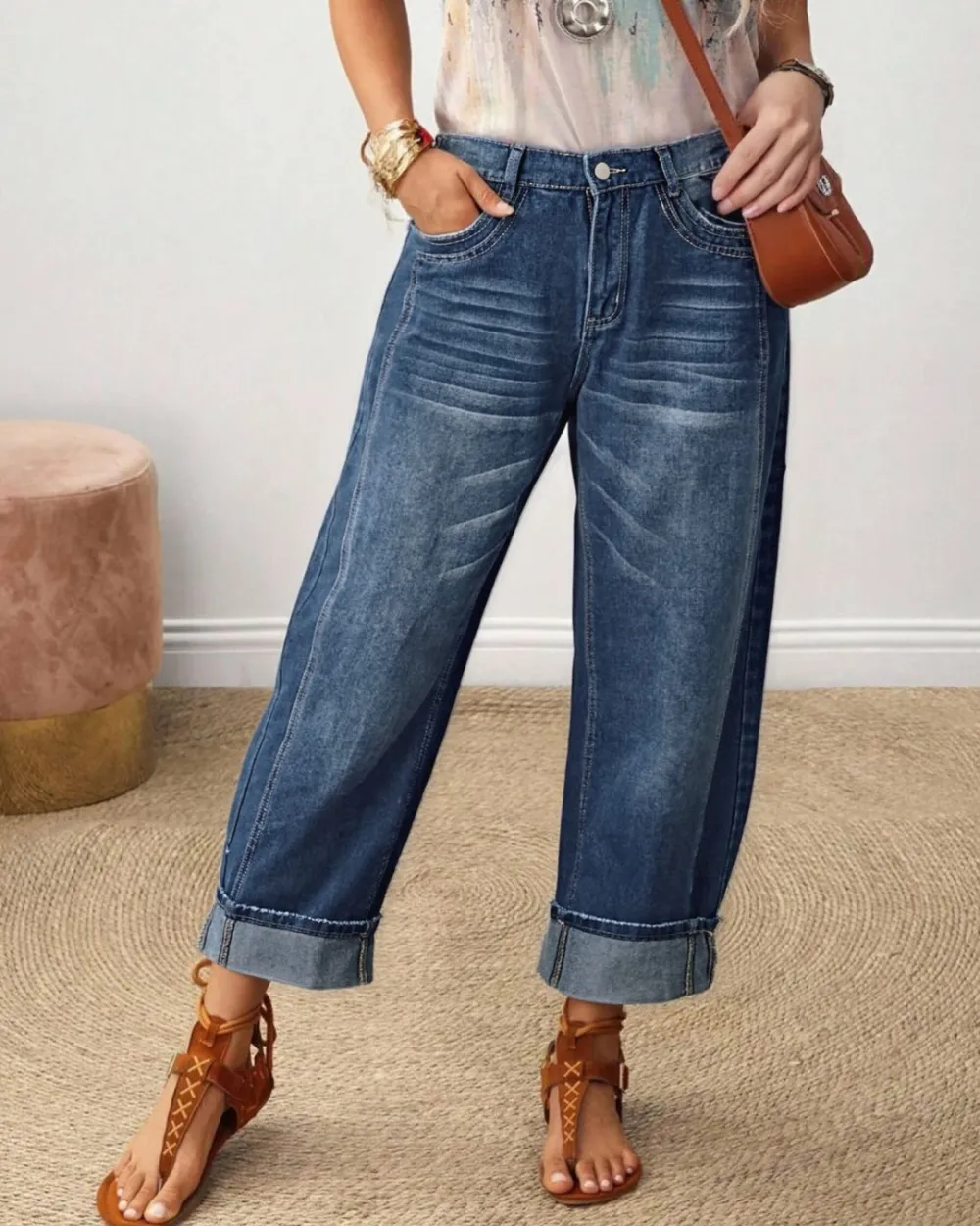 Rolled Raw-Hem Mid-Rise Crop Jeans