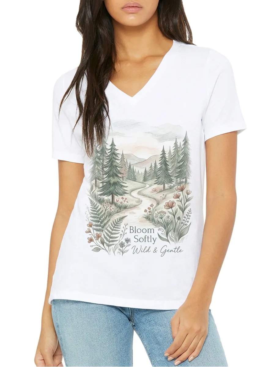 Women's Nature Lover Forest Floral Bloom Softly Printed V-neck T-shirt