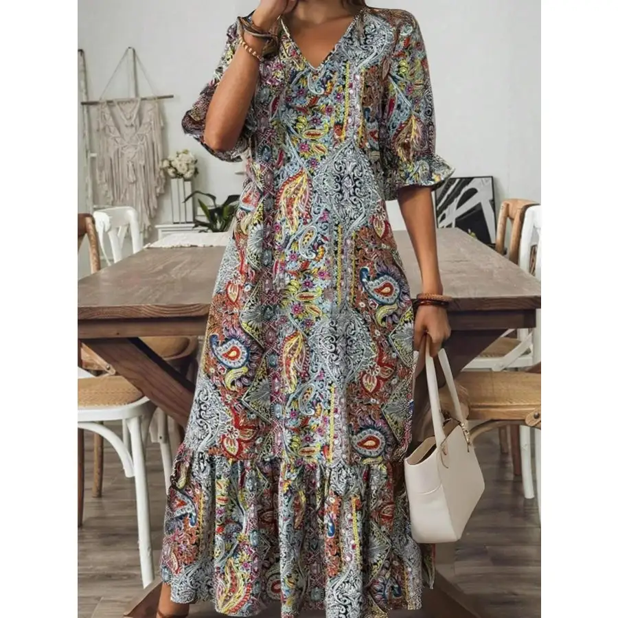 Full Size Bohemian Paisley V-Neck Midi Dress Plus Size
