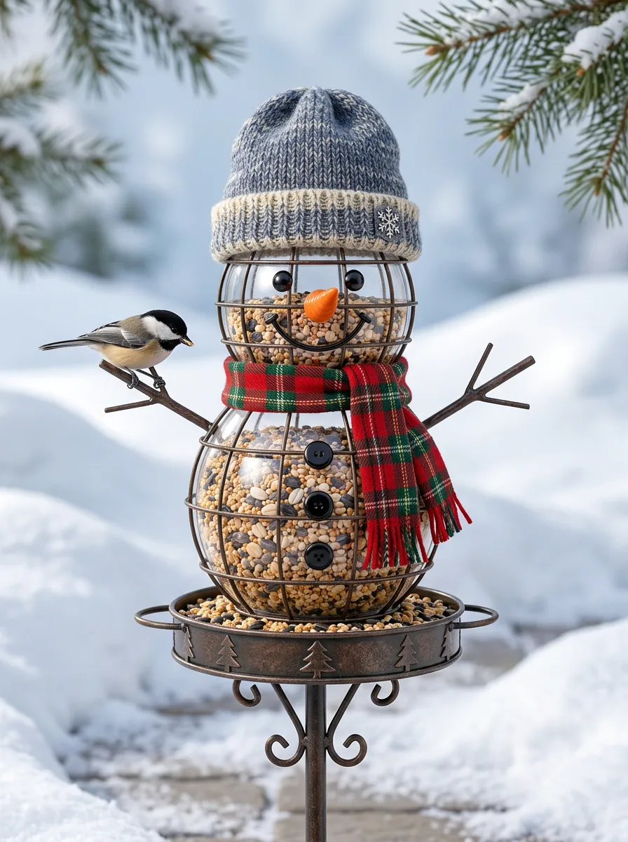 Snowman Plaid Scarf Christmas Bird Feeder