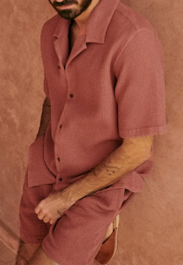 Rust Red Seersucker Textured Short Sleeve Shirt