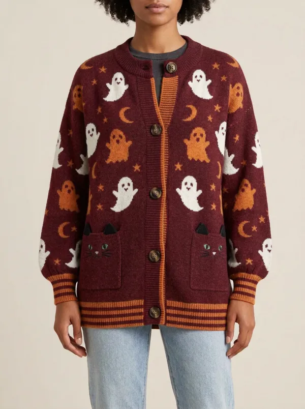 Women's Halloween Ghost Cat Moon Pattern Knitted Cardigan