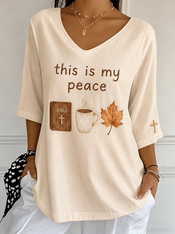 Women's This Is My Peace Bible Coffee Maple Leaf V Neck Top