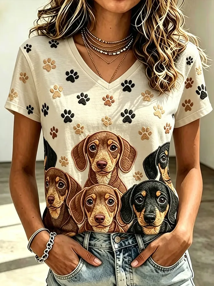 Women's Short-Sleeve T-Shirt with Cute Dachshund and Paw Print Pattern
