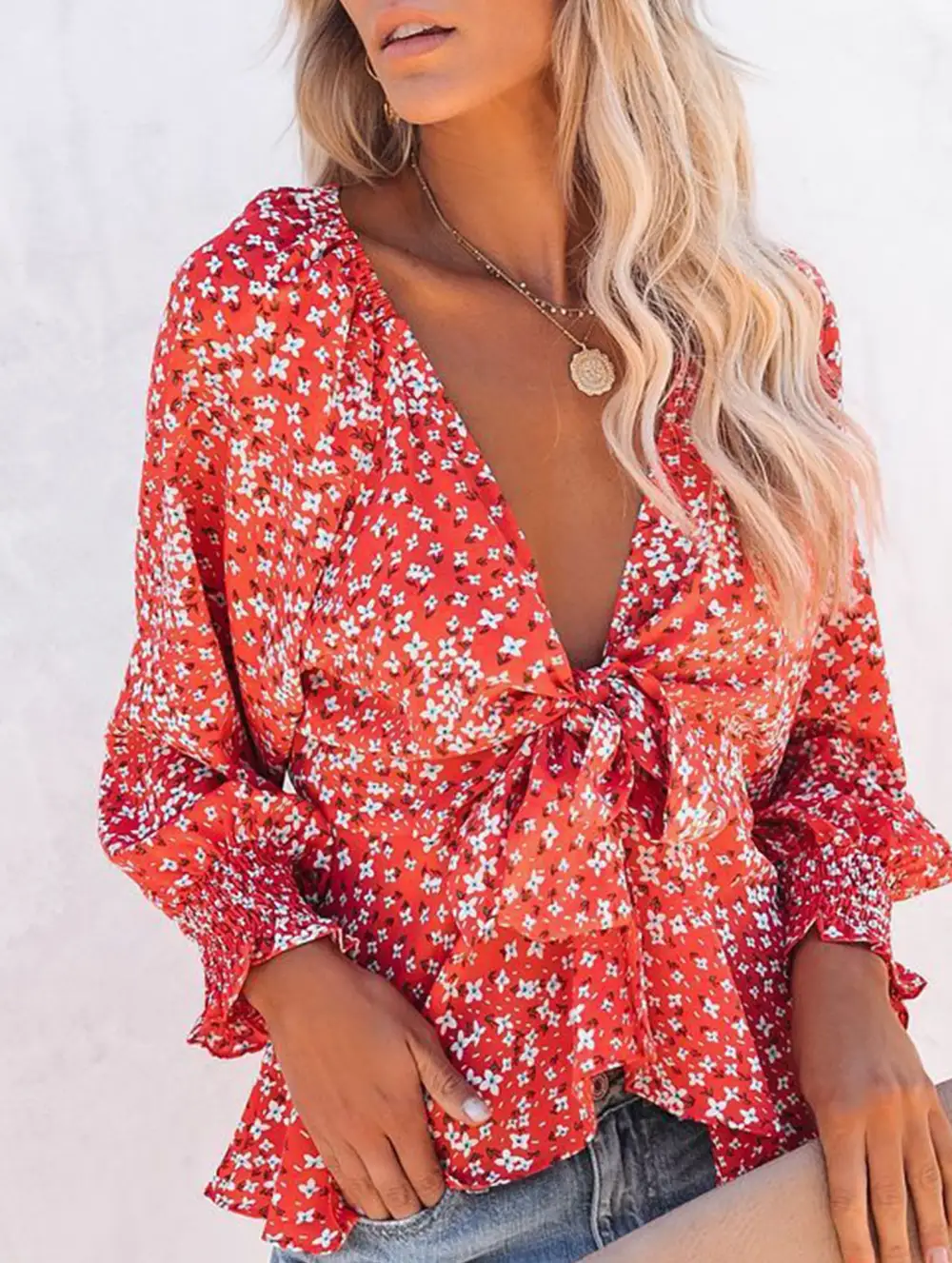 Floral Print V Neck Tie Waist Blouse