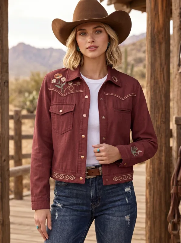 Women's Frontier Inspired Western Cowgirl Horseshoe Horse Floral Embroidered Denim Jacket