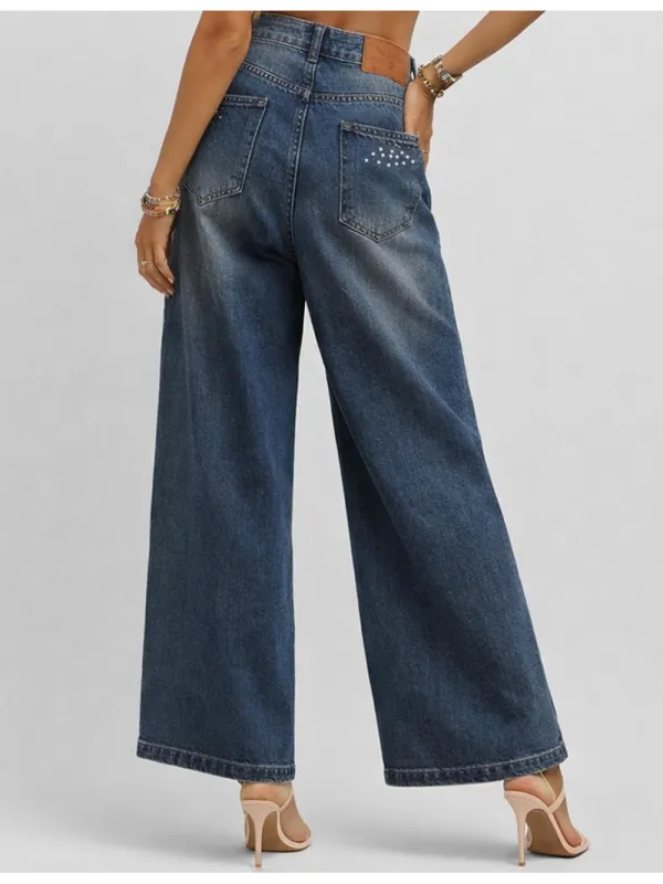 Faux Pearl Button Waist Wide Leg Denim Pants