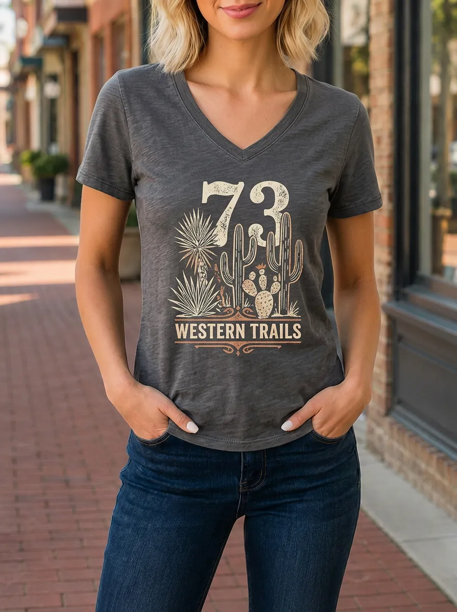 Women's Western Trails 73 Cactus Desert Printed V-neck T-shirt