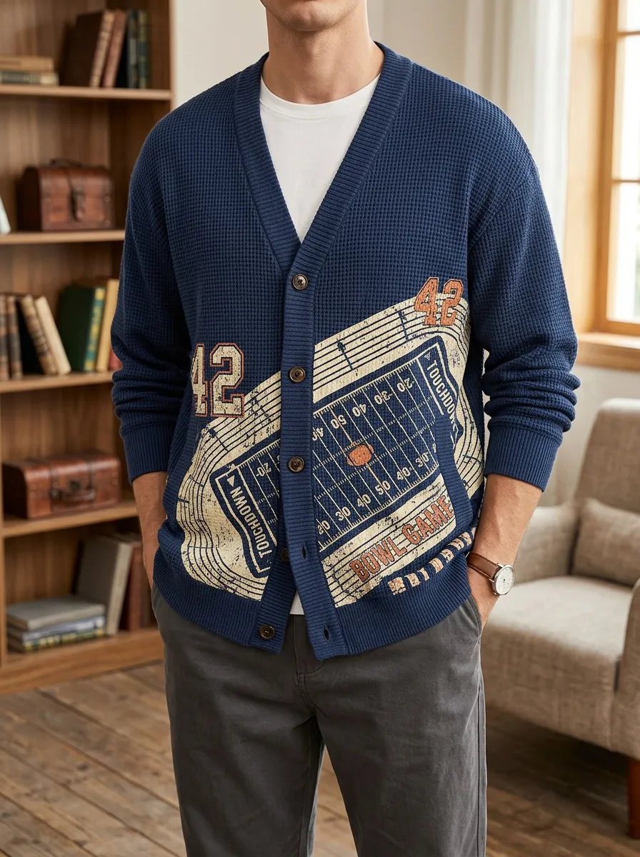 Men's American Football Field 42 Printed Waffle Knit Cardigan