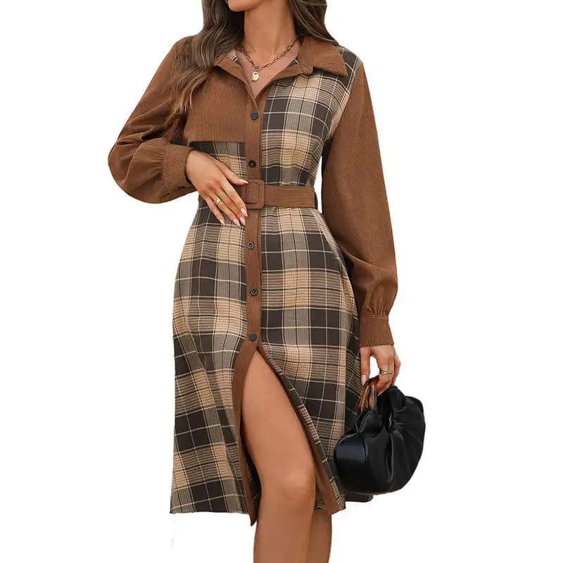 Women's Shirt Long-Sleeve Plaid Belted Dress