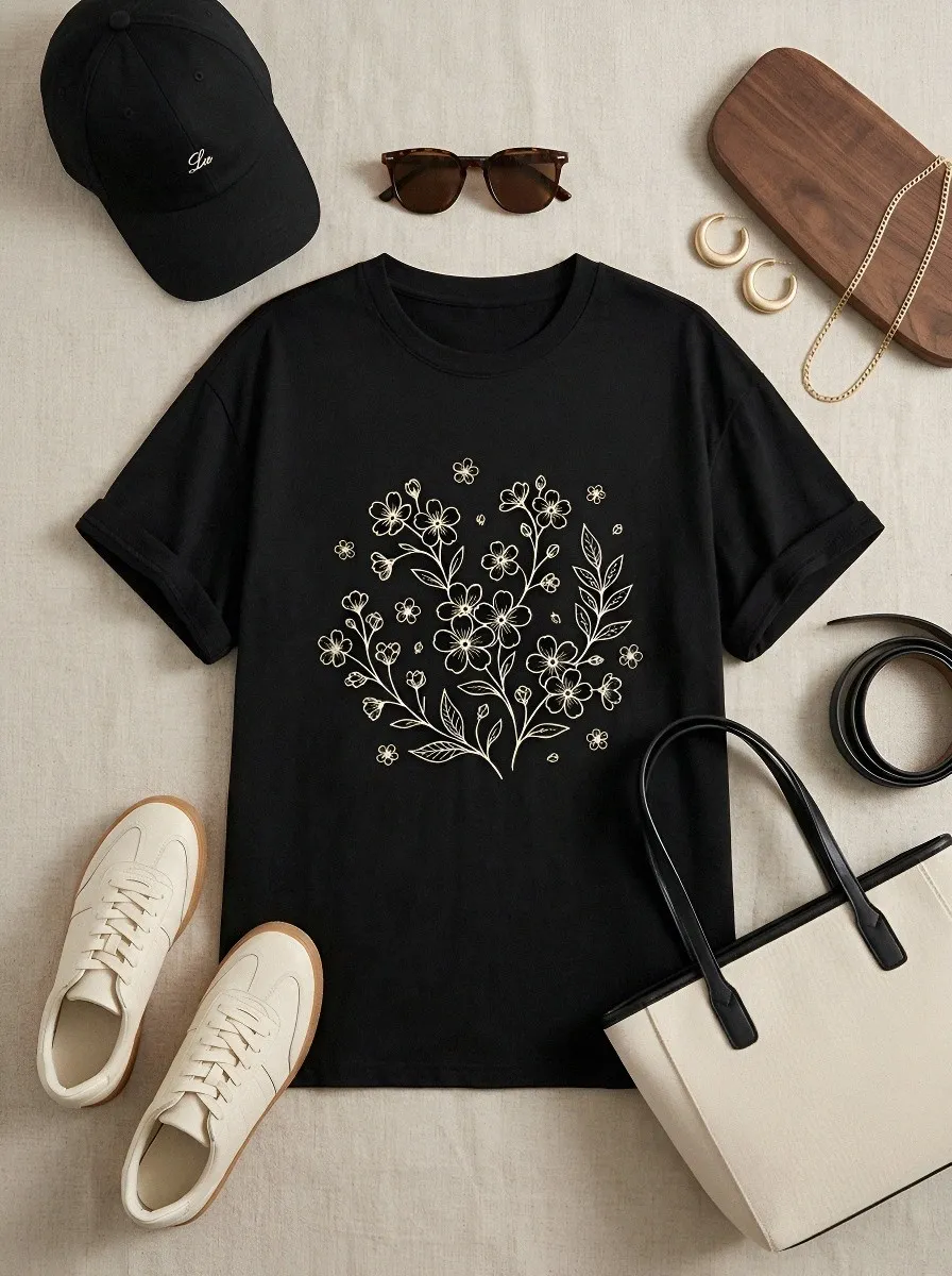 Unisex Botanical Nature Lover Floral Line Art Printed T-shirt