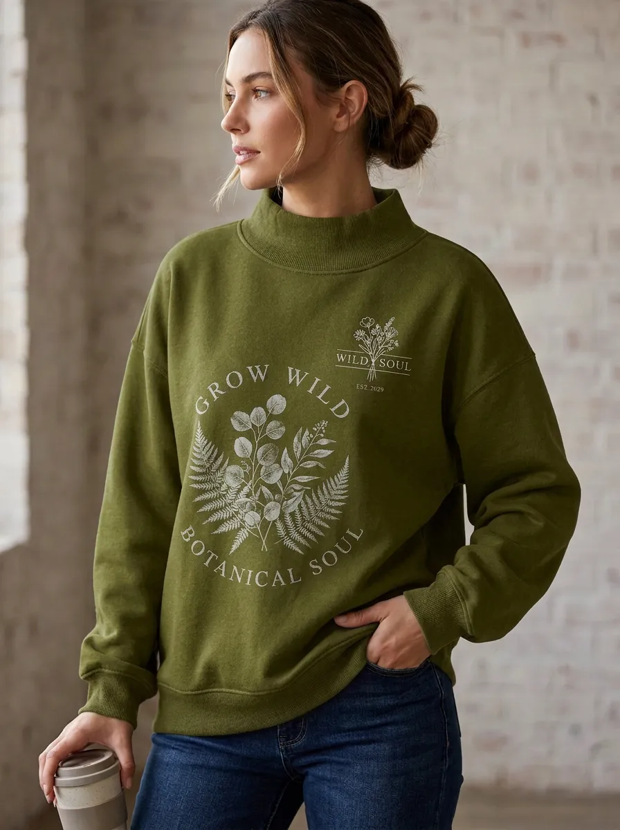Nature Lover Grow Wild Botanical Mock Neck Sweatshirt